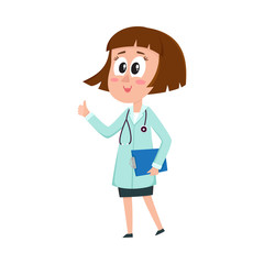 Comic woman doctor character holding clipboard, showing thumbs up, cartoon vector illustration isolated on white background. Full length portrait of funny woman doctor holding clipboard