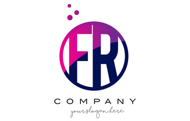 FR F R Circle Letter Logo Design with Purple Dots Bubbles