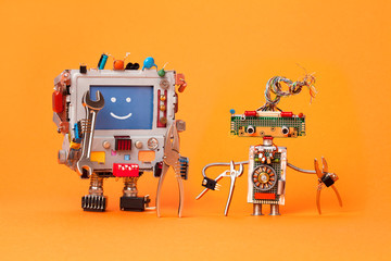 Robots friends ready for service repair. Funny robotic characters with instrument, pliers hand...