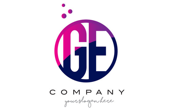 GE G E Circle Letter Logo Design with Purple Dots Bubbles