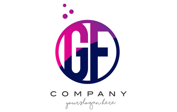 GF G F Circle Letter Logo Design with Purple Dots Bubbles