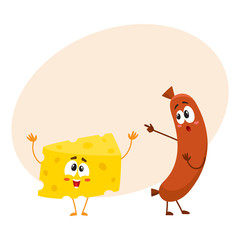 Embarrassed frankfurter sausage character pointing to funny cheese chunk, cartoon vector illustration with space for text. Funny cheese and sausage characters, mascots with human faces