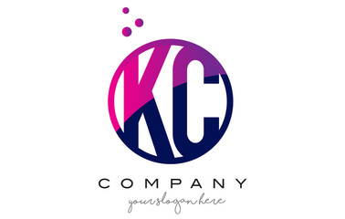 KC K C Circle Letter Logo Design with Purple Dots Bubbles