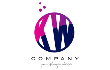 KW K W Circle Letter Logo Design with Purple Dots Bubbles