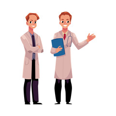 Two male doctors in medical coats, one holding stethoscope and folder, another with folded arms, cartoon vector illustration isolated on white background. Full length portrait of two male, man doctors