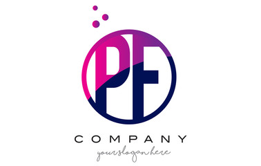 PF P F Circle Letter Logo Design with Purple Dots Bubbles