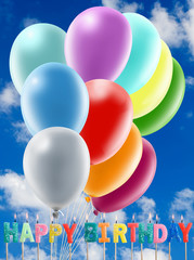 Glowing candles and balloon on sky background,