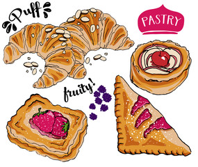 Puff Pastry, including French almond croissants, cherry turnover, fruit shells and Danish jam-filled pastry