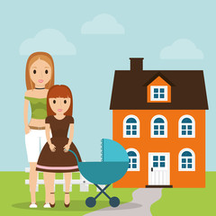 mother daughter and baby carriage house vector illustration eps 10