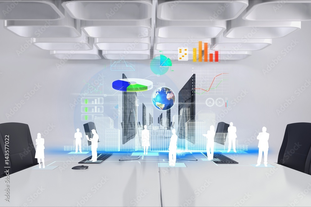 Poster digital composite image of icons an computers in office