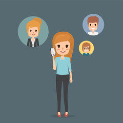 woman talking a mobile phone with many friends character. communication infographic vector flat design.