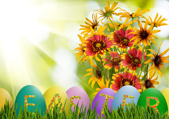 Image of Easter eggs and flowers on a green background,