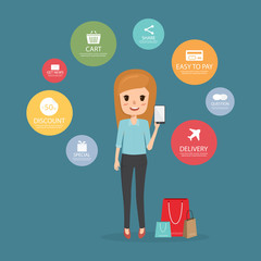 Fototapeta na wymiar woman shopping online with mobile phone infographic. people character vector design.