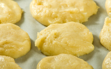 Cookie dough on a baking sheet close-up