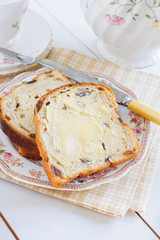 Bara Brith or Speckled Bread a traditional Welsh fruit loaf often served buttered