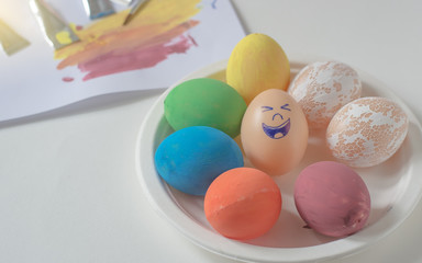Multicolored painted eggs in easter