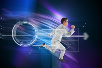 Composite image of geeky happy businessman running mid air