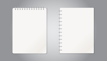 Realistic template notepad with spiral. Blank cover design. School business diary. Office stationery notebook on gray background