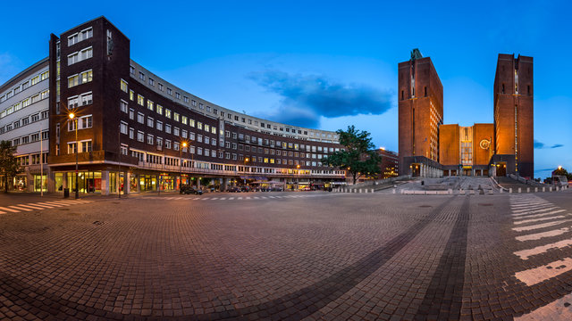 Panorama of Oslo City Hall and Fridtjof Nansens Plass in the Evening, Oslo, Norway