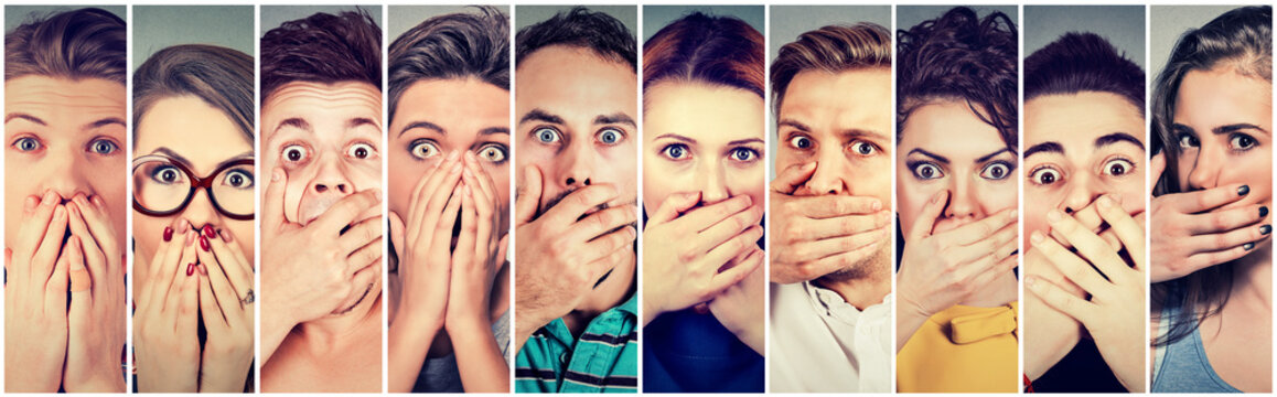 Group of shocked people men and women covering their mouth with hands