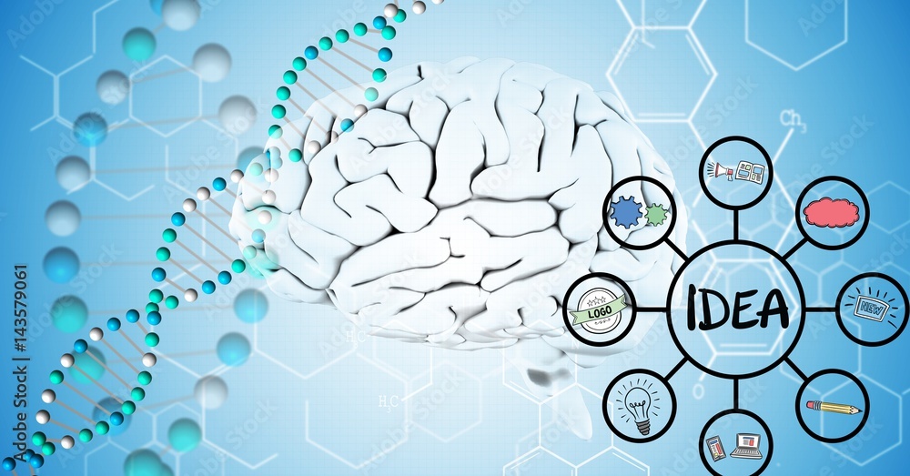 Poster digital composite image of 3d brain, dna and idea graphics