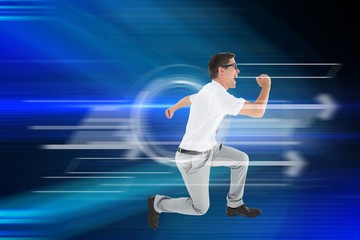 Fototapeta na wymiar Composite image of geeky happy businessman running mid air