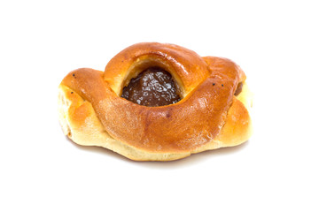 Sweet bun with apricot jam isolated on white