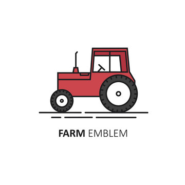 Vector abstract design template in linear style - red tractor, farm symbol, country concept.
