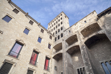 Palace, Palau del Lloctinent and Mirador del Rei Marti,Plaza del Rei, gothic quarter,square with ancient buildings,point touristic of the historic center.Barcelona,Spain.