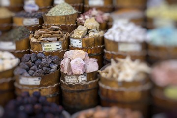 Traditional spices bazaar with herbs and spices in Aswan, Egypt.