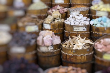 Traditional spices bazaar with herbs and spices in Aswan, Egypt.