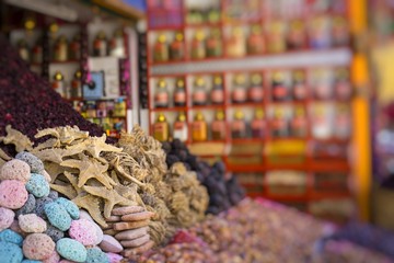 Traditional spices market with herbs and spices in Aswan, Egypt.