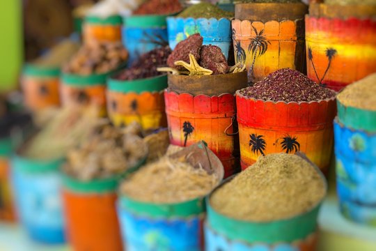 Traditional spices market with herbs and spices in Aswan, Egypt.