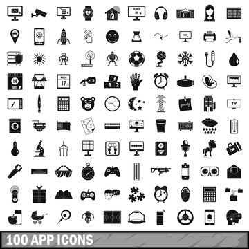 100 app icons set, simple style 
