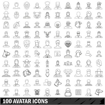 100 avatar icons set, outline style