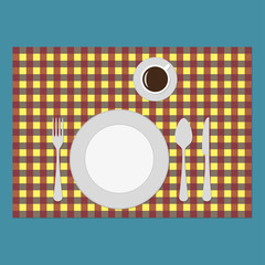 Plate, knife, fork, spoon and cup on the table. Top view of table setting. Vector illustration in flat style.