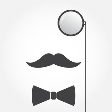 Monocle or eyeglasses, mustache and bow tie. Old fashioned gentleman accessories icon. Vintage or hipster style. Vector illustration.
