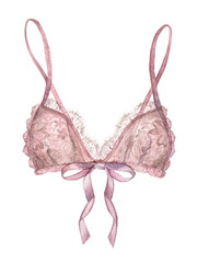 Watercolor illustration of women's underwear. Hand-drawn  pink lace bra with ribbon