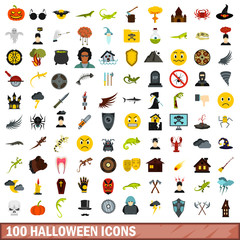 100 halloween icons set, flat style