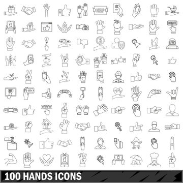 100 hands icons set, outline style