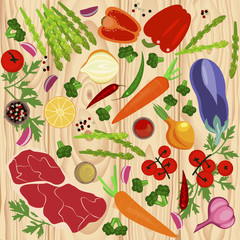 Banner of Raw food for cooking. Vegetables and ingredients on a wooden background in a rustic style. Top view vector illustration