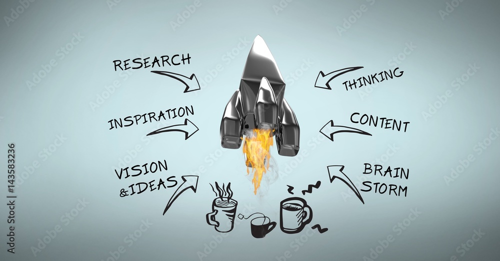 Poster 3d image of rocket surrounded text and arrow symbols