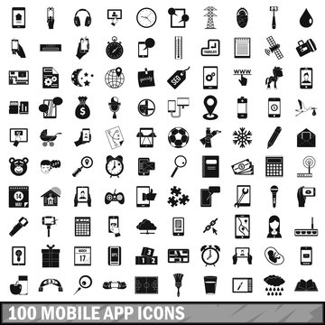 100 mobile app icons set, simple style 