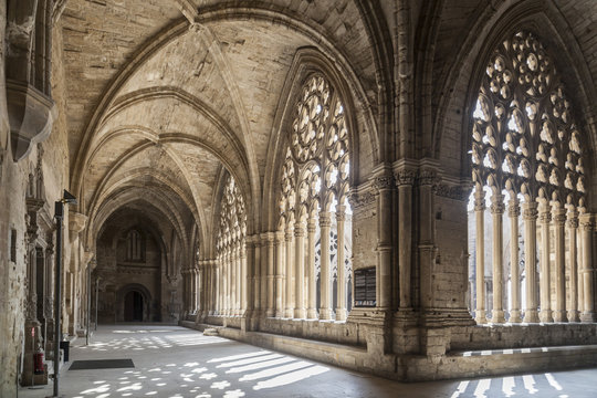Old Cathedral, interior cloister,Catedral de Santa Maria de la Seu Vella, gothic style, iconic monument in the city of Lleida, Catalonia,Spain.