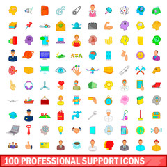 100 professional support icons set, cartoon style