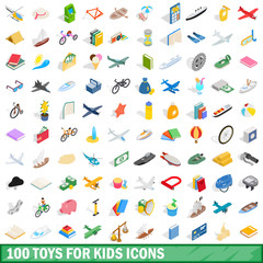 100 toys for kids icons set, isometric 3d style