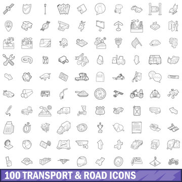 100 transport and roads icons set, outline style