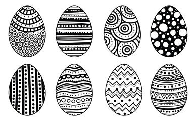 Set of hand drawn easter eggs. Decorative elements for card, coloring book. Isolated.