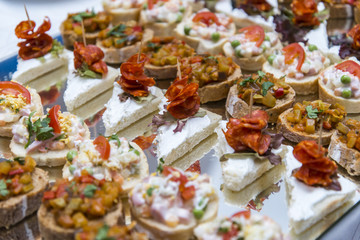 Colorful canape with vegetables and sausage on a slate plate