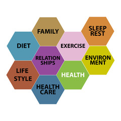 Health care word cloud, health honeycomb concept. colourfull